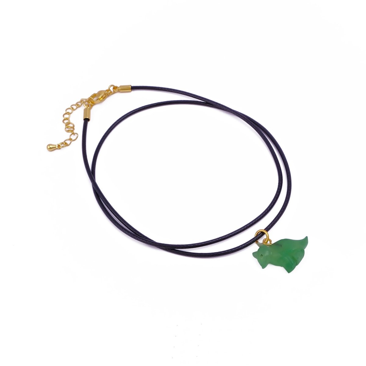 Minimal Animal Necklace, Green Gemstone Carved Pendant Black Cord Jewelry 5255