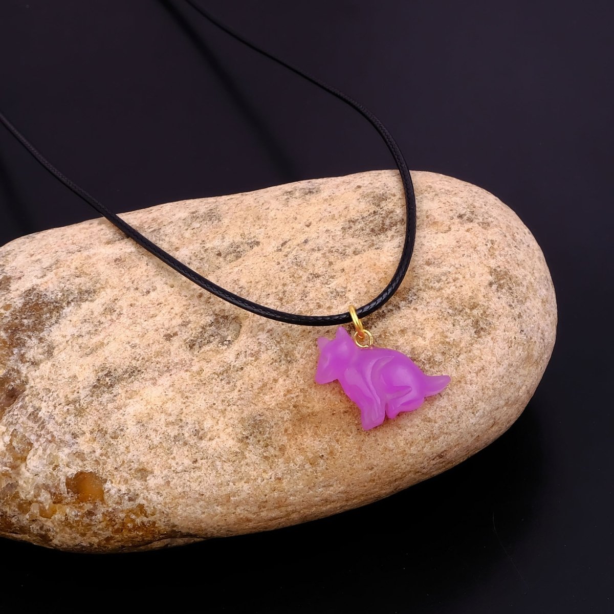 Minimal Animal Necklace, Green Gemstone Carved Pendant Black Cord Jewelry 5255