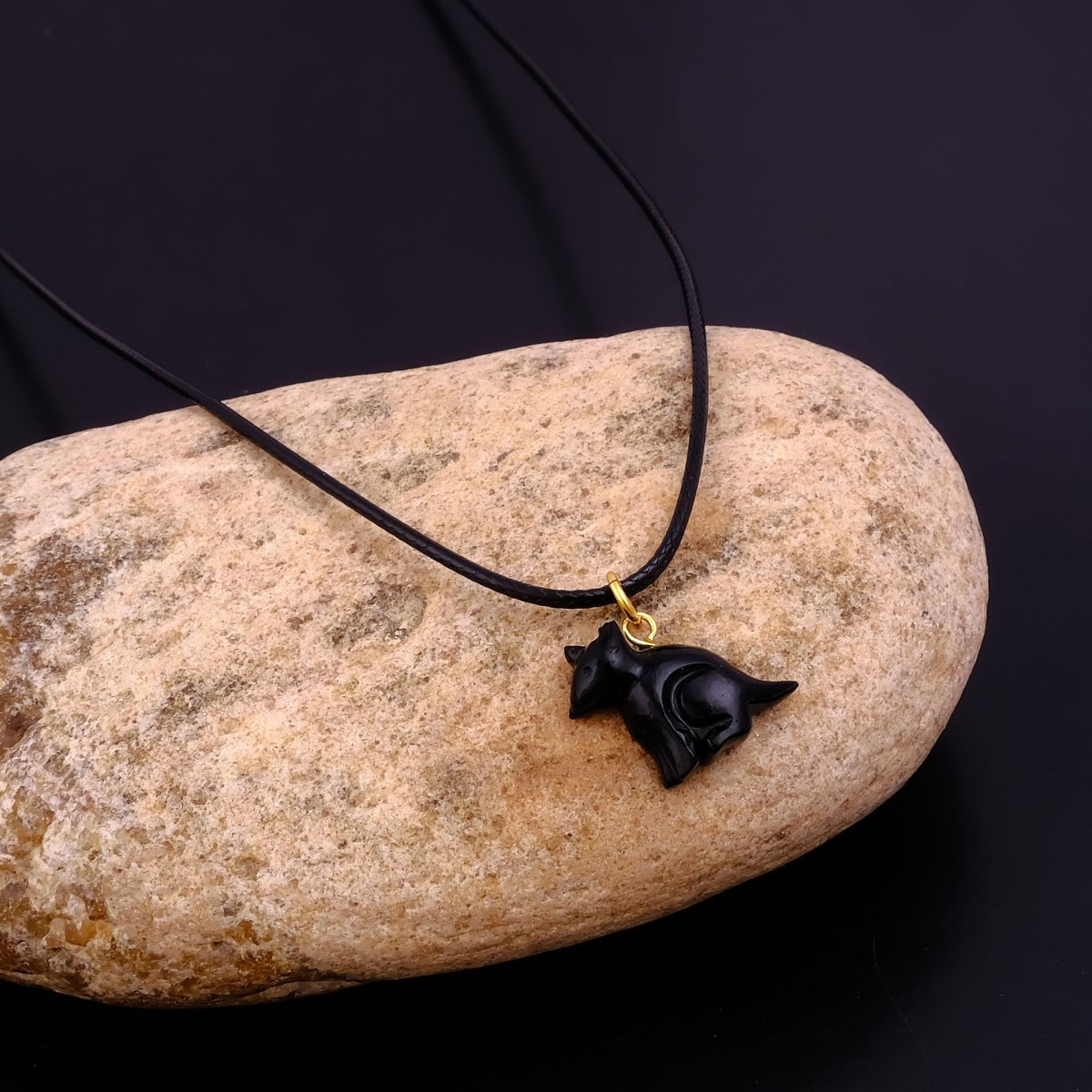 Minimal Animal Necklace, Green Gemstone Carved Pendant Black Cord Jewelry 5255