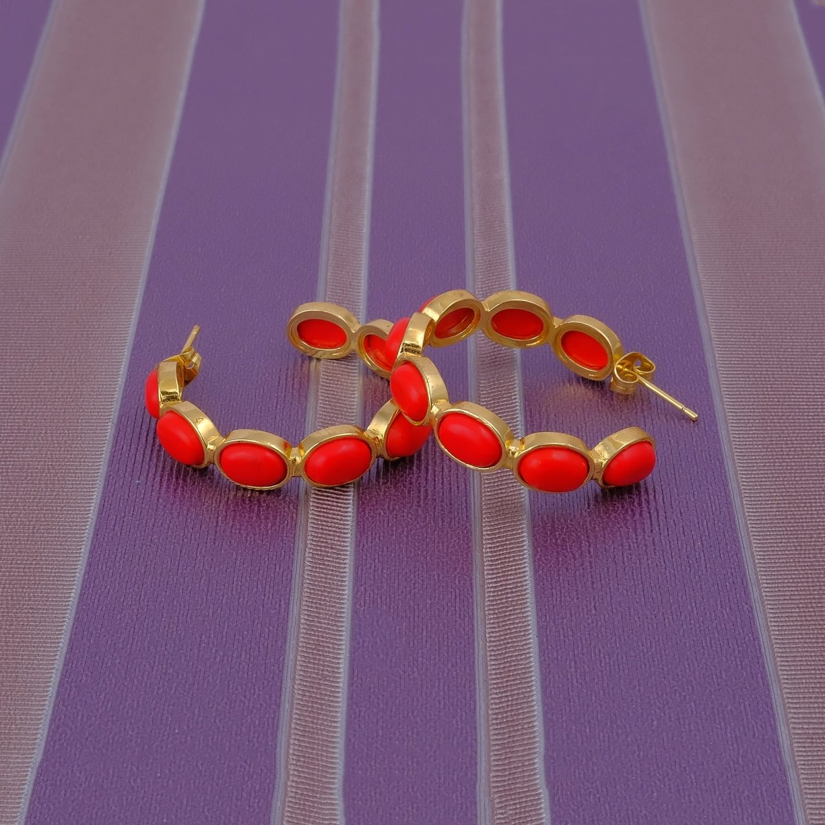 Minimal Red Onyx Hoop Earrings, Handmade Gold Plated Jewelry, Gift for Her CE-1005