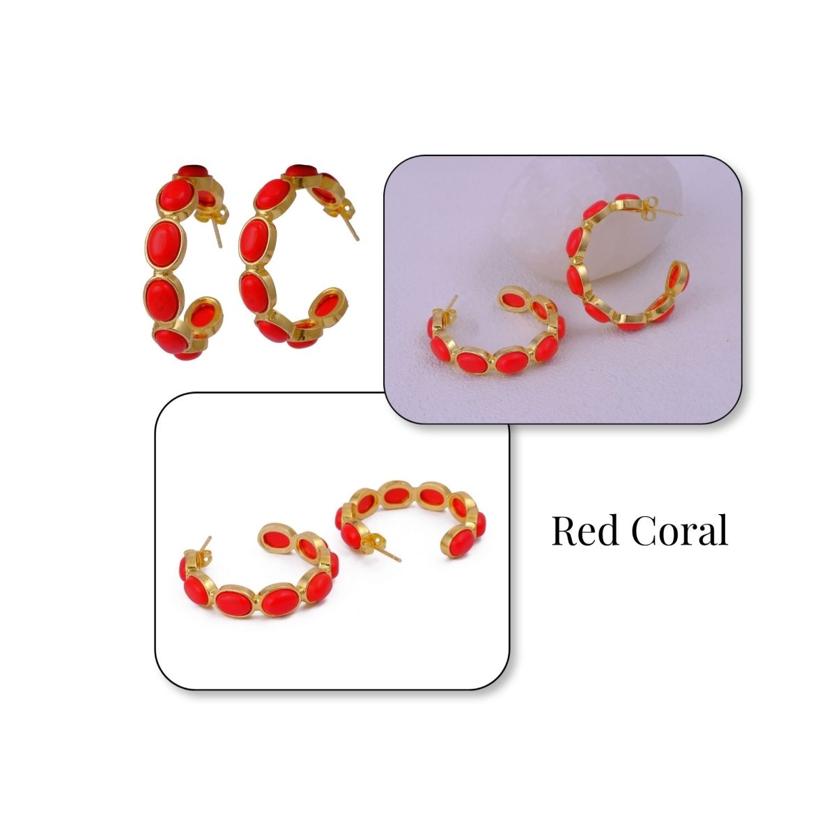 Minimal Red Onyx Hoop Earrings, Handmade Gold Plated Jewelry, Gift for Her CE-1005 Red Coral