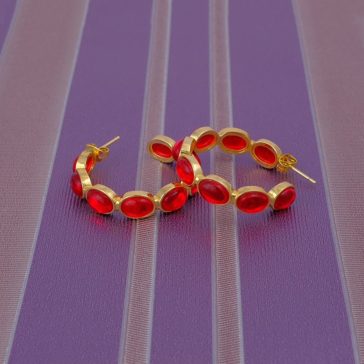 Minimal Red Onyx Hoop Earrings, Handmade Gold Plated Jewelry, Gift for Her CE-1005