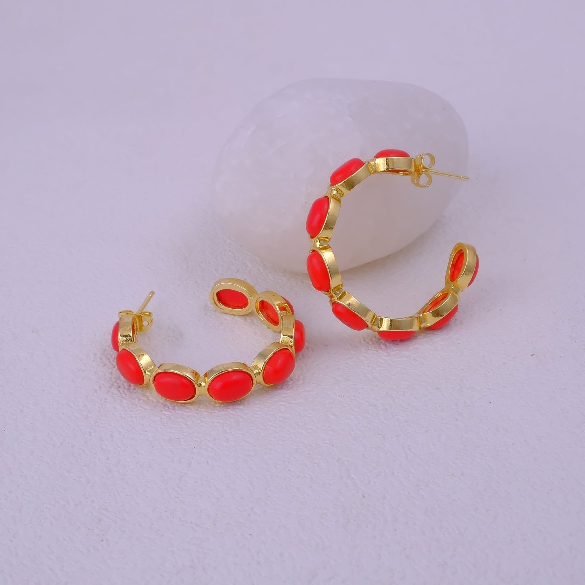 Minimal Red Onyx Hoop Earrings, Handmade Gold Plated Jewelry, Gift for Her CE-1005