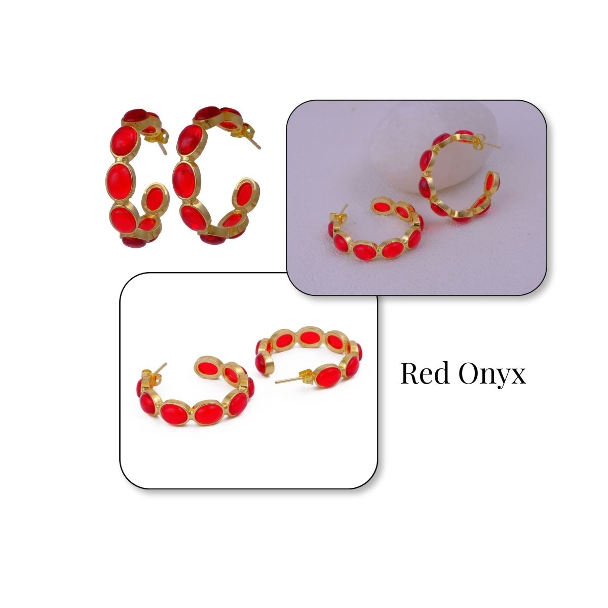Minimal Red Onyx Hoop Earrings, Handmade Gold Plated Jewelry, Gift for Her CE-1005