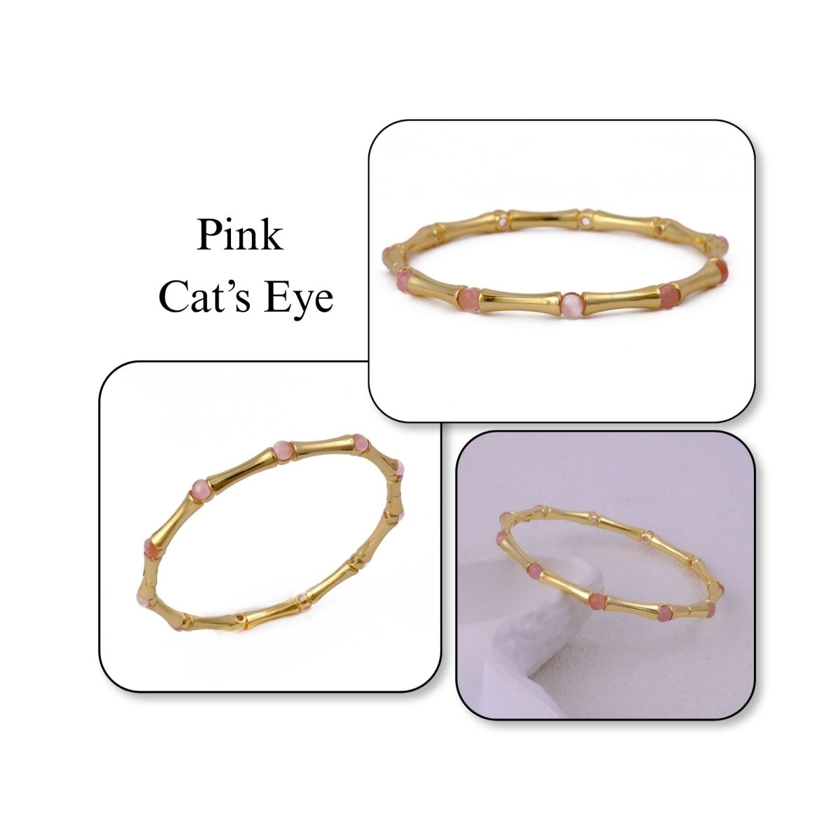 Minimalist Bamboo Cat's Eye Gemstone Bangle, Gold Plated Jewelry CB - 1001