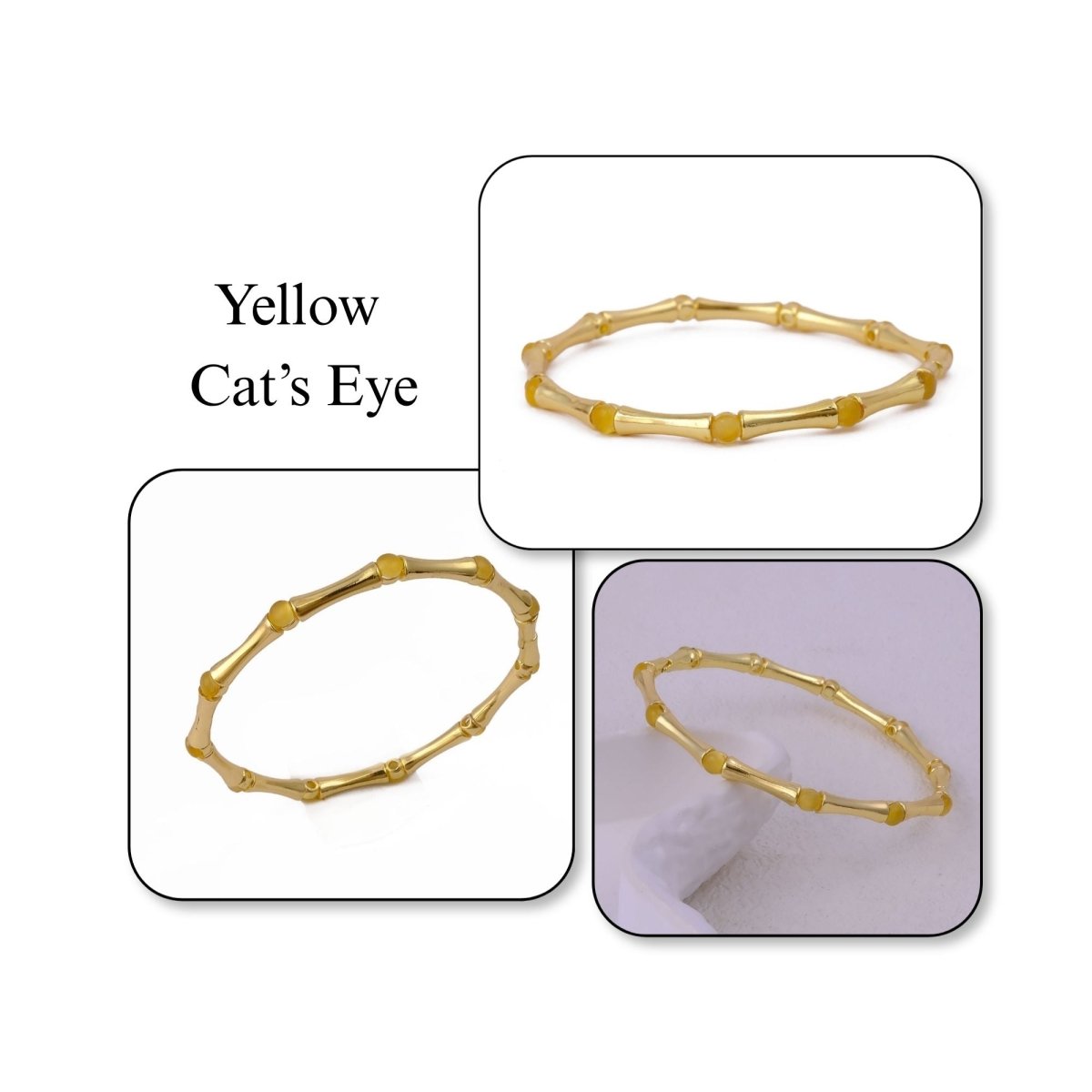 Minimalist Bamboo Cat's Eye Gemstone Bangle, Gold Plated Jewelry CB - 1001