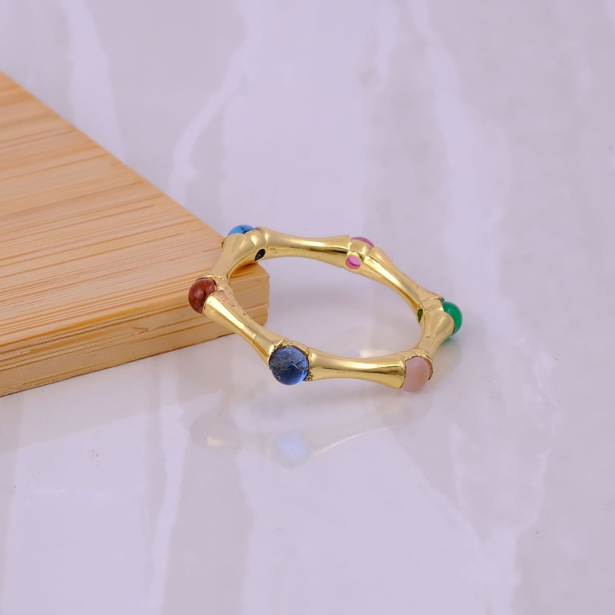 Minimalist Green Turquoise Stacking Ring, Gold Plated Bamboo Style Ring CR - 1023