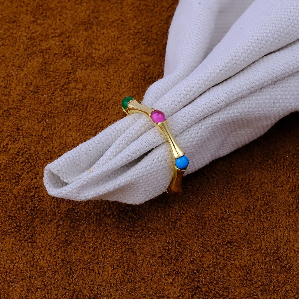 Minimalist Green Turquoise Stacking Ring, Gold Plated Bamboo Style Ring CR - 1023