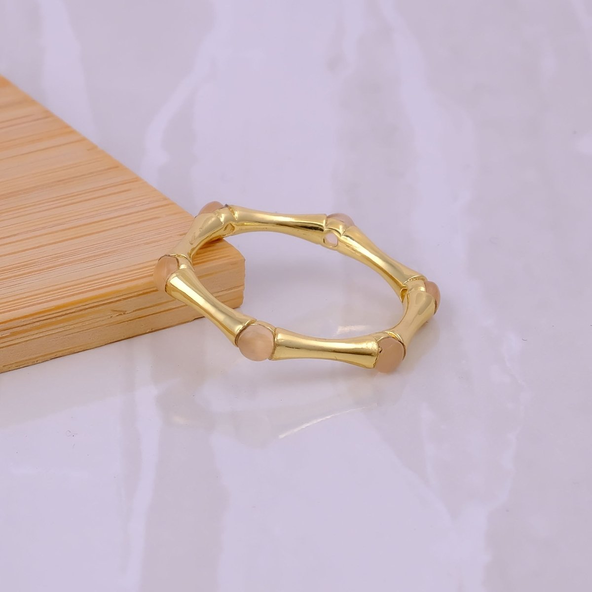 Minimalist Green Turquoise Stacking Ring, Gold Plated Bamboo Style Ring CR - 1023