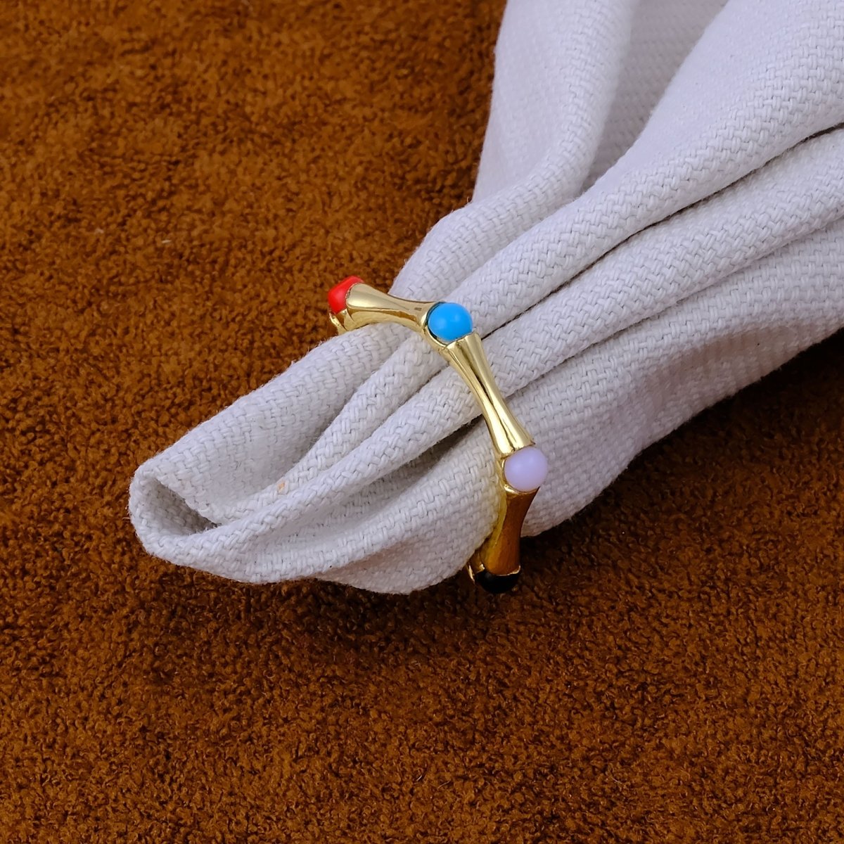Minimalist Green Turquoise Stacking Ring, Gold Plated Bamboo Style Ring CR - 1023