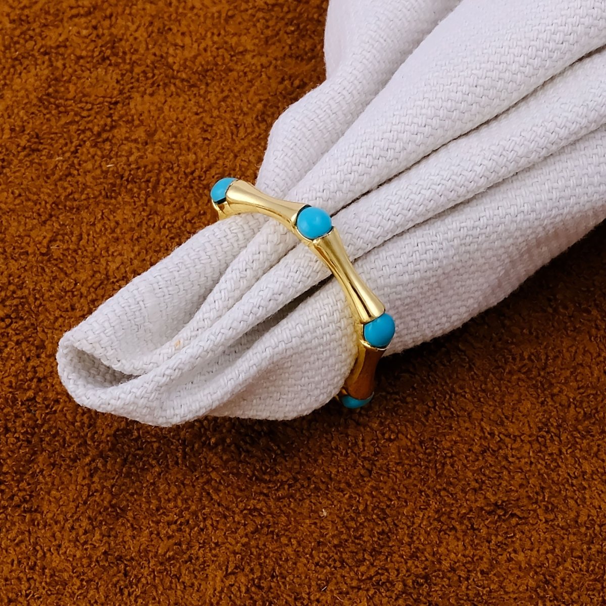 Minimalist Green Turquoise Stacking Ring, Gold Plated Bamboo Style Ring CR - 1023