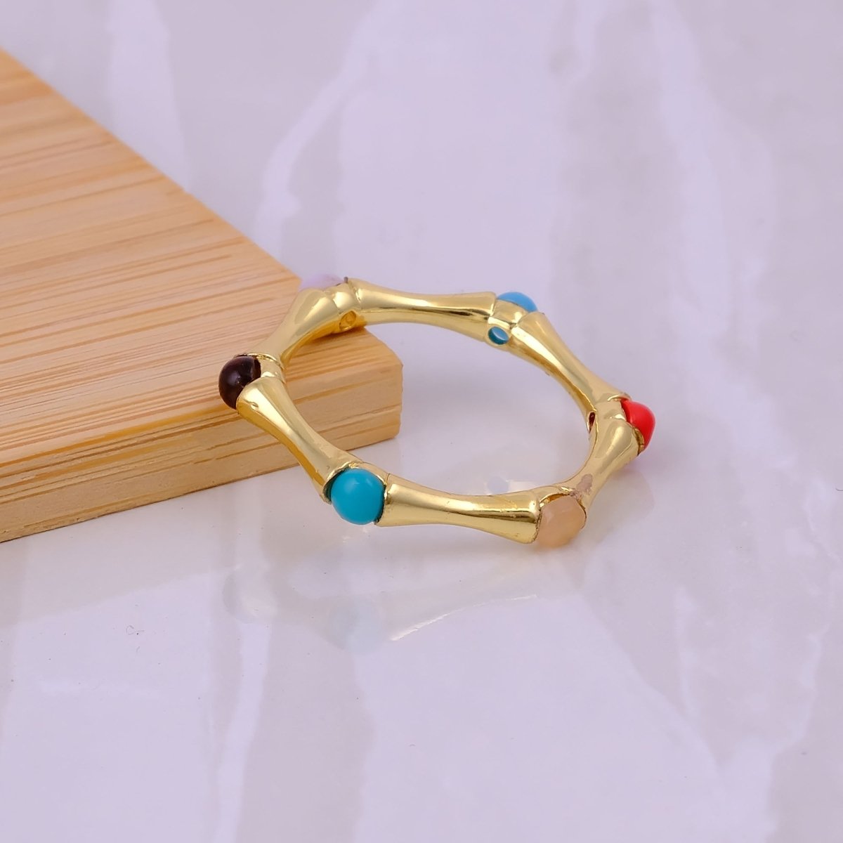 Minimalist Green Turquoise Stacking Ring, Gold Plated Bamboo Style Ring CR - 1023