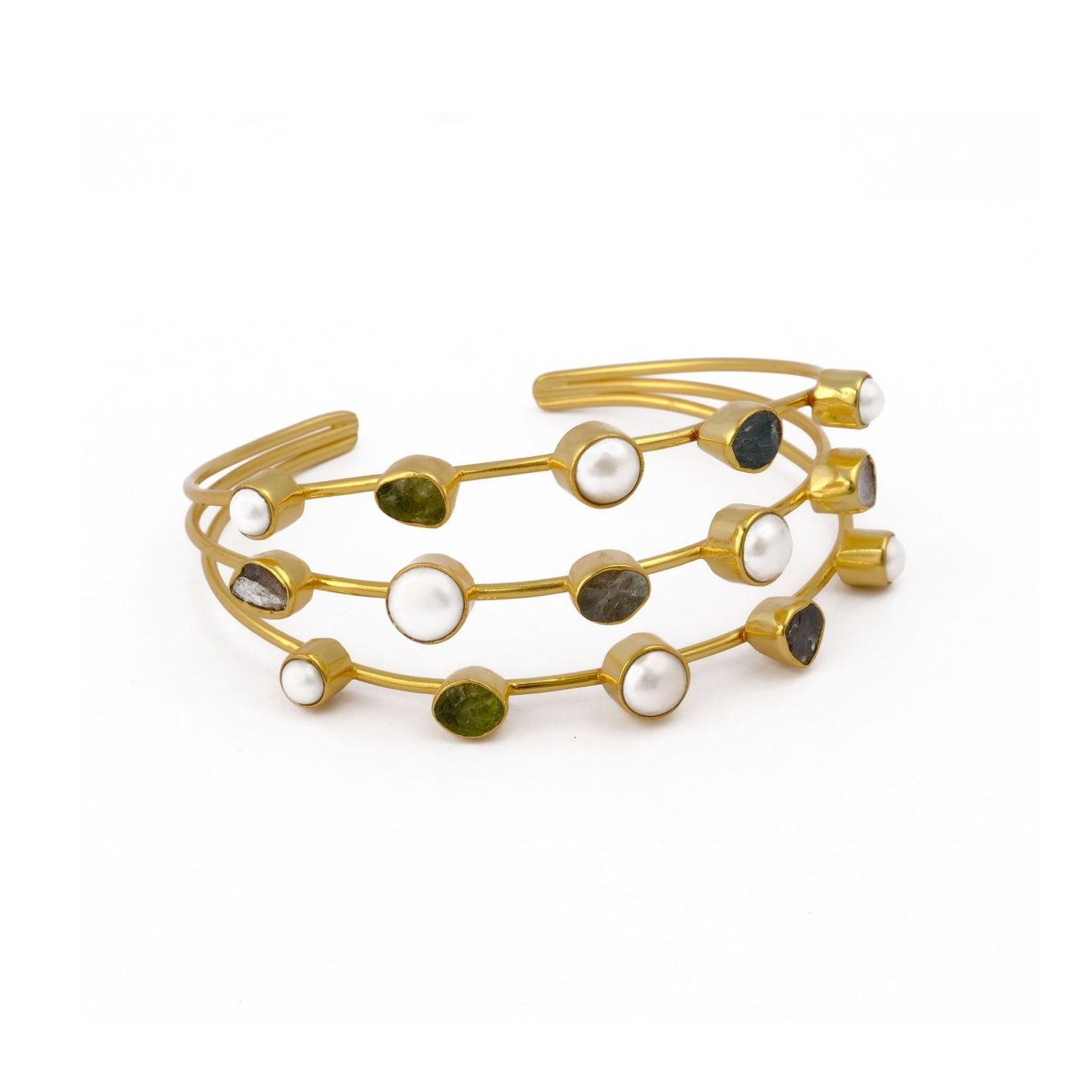 Modern 3 - Tier Multi - Stone Bangle, Raw Gemstone Adjustable Cuff 3501
