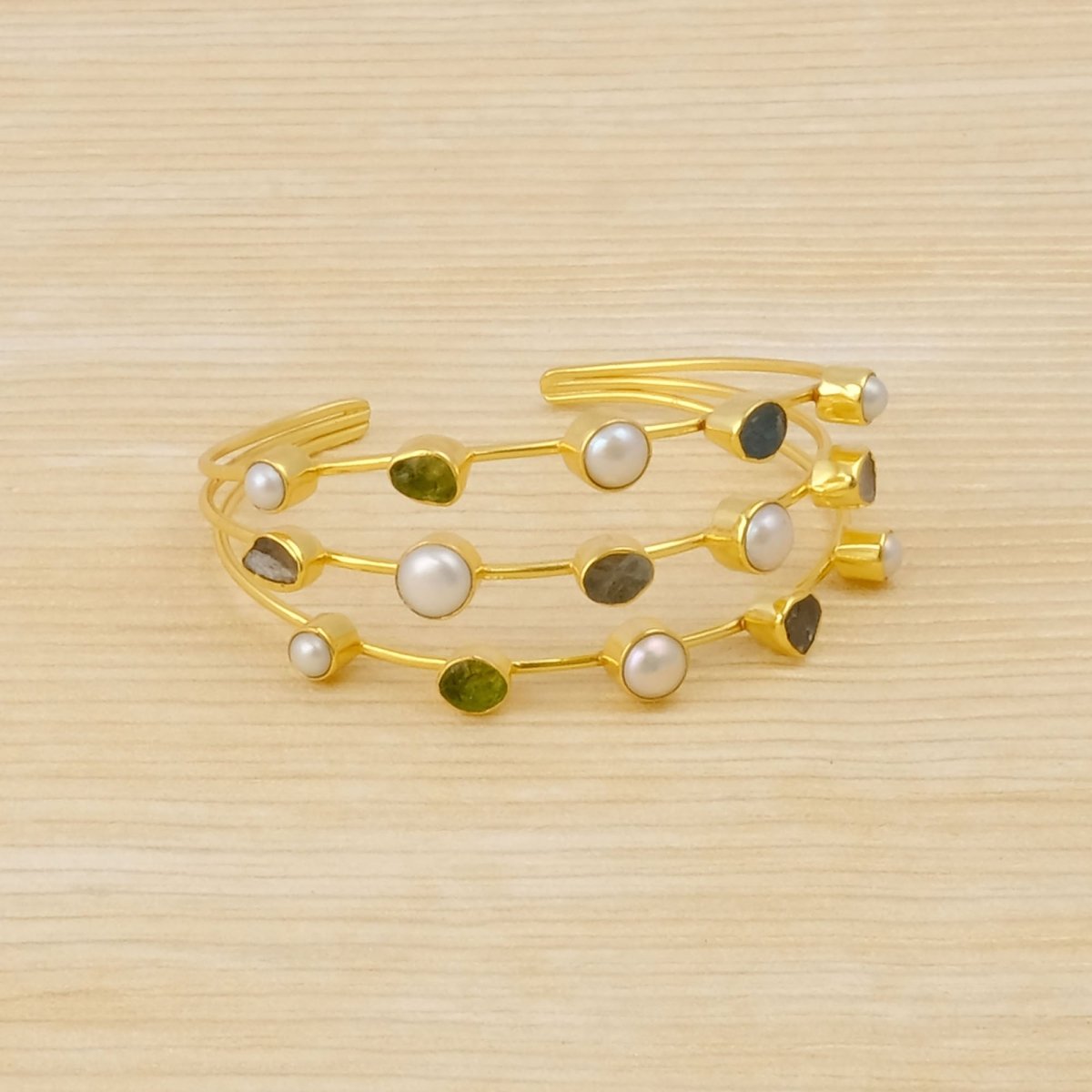 Modern 3 - Tier Multi - Stone Bangle, Raw Gemstone Adjustable Cuff 3501