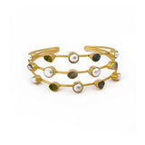 Modern 3 - Tier Multi - Stone Bangle, Raw Gemstone Adjustable Cuff 3501