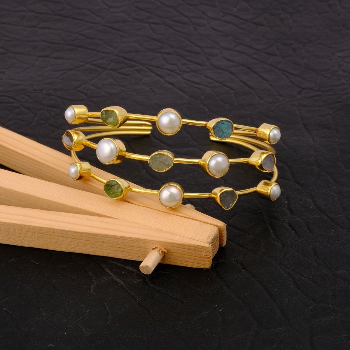 Modern 3 - Tier Multi - Stone Bangle, Raw Gemstone Adjustable Cuff 3501