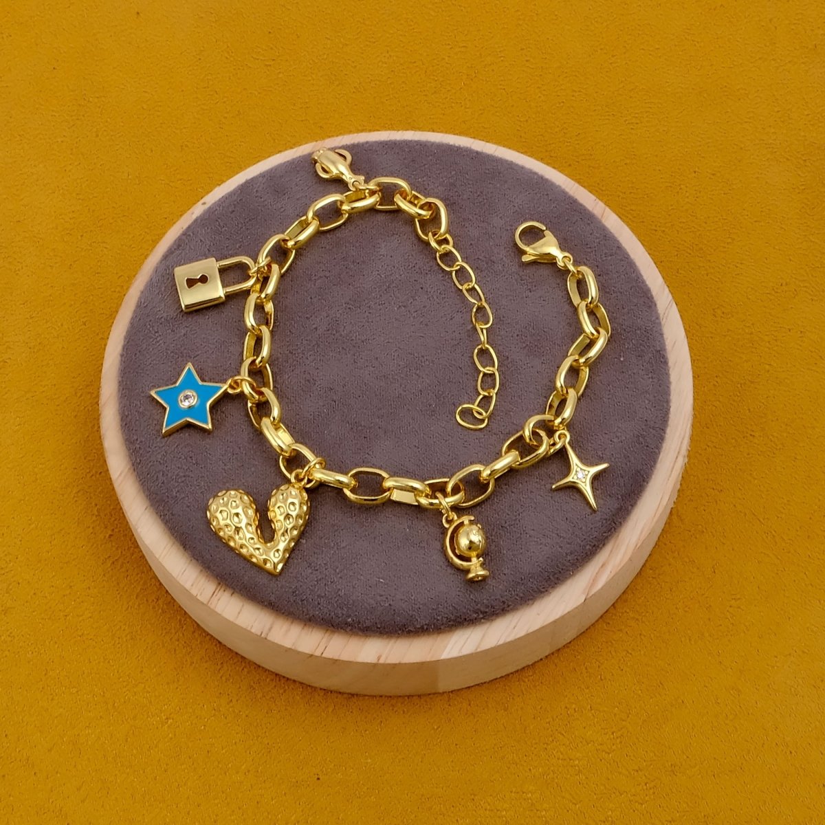 Modern Boho Charm Bracelet, Gold Link Bracelet with Cute Charms 5382