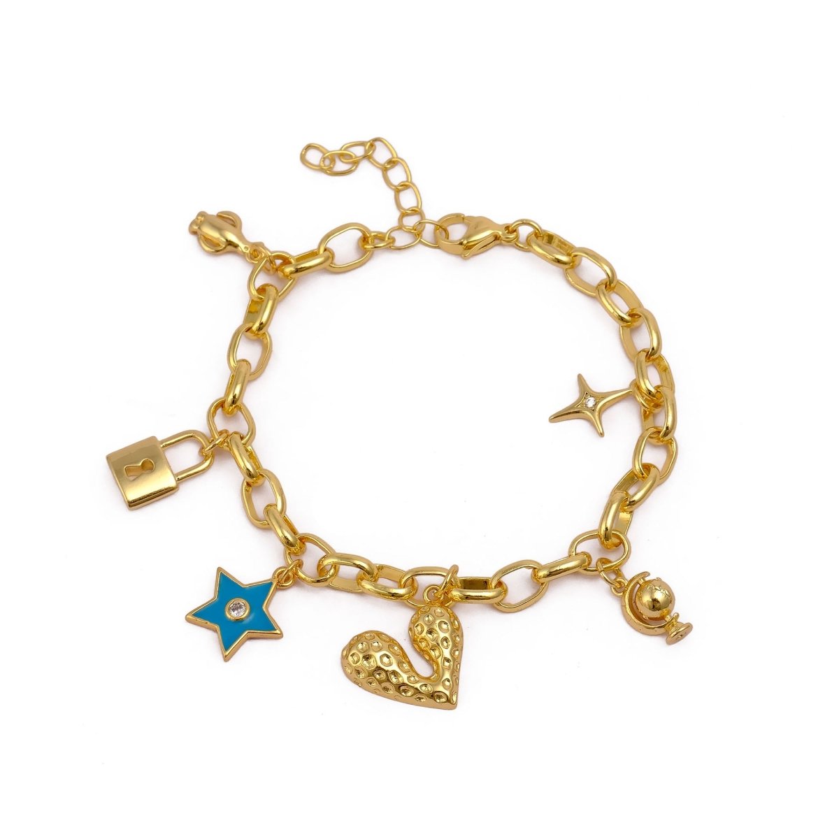 Modern Boho Charm Bracelet, Gold Link Bracelet with Cute Charms 5382