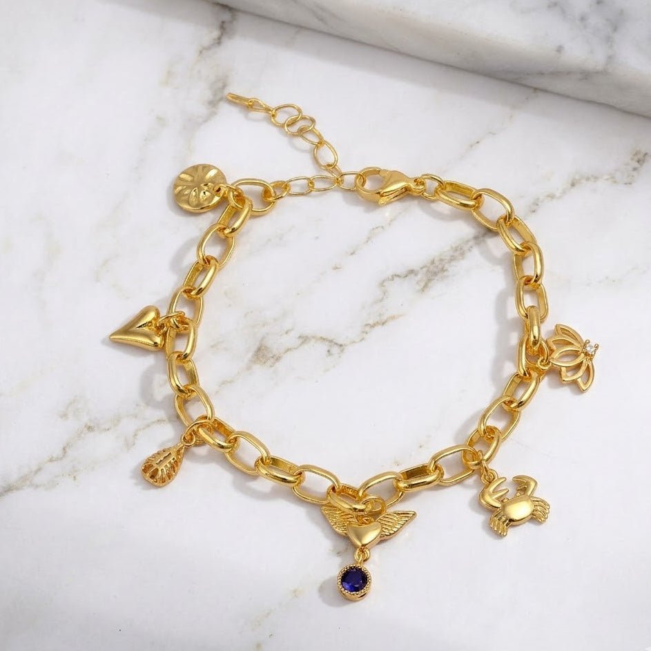 Modern Boho Charm Bracelet, Gold Link Bracelet with Cute Charms 5382 Style 1.