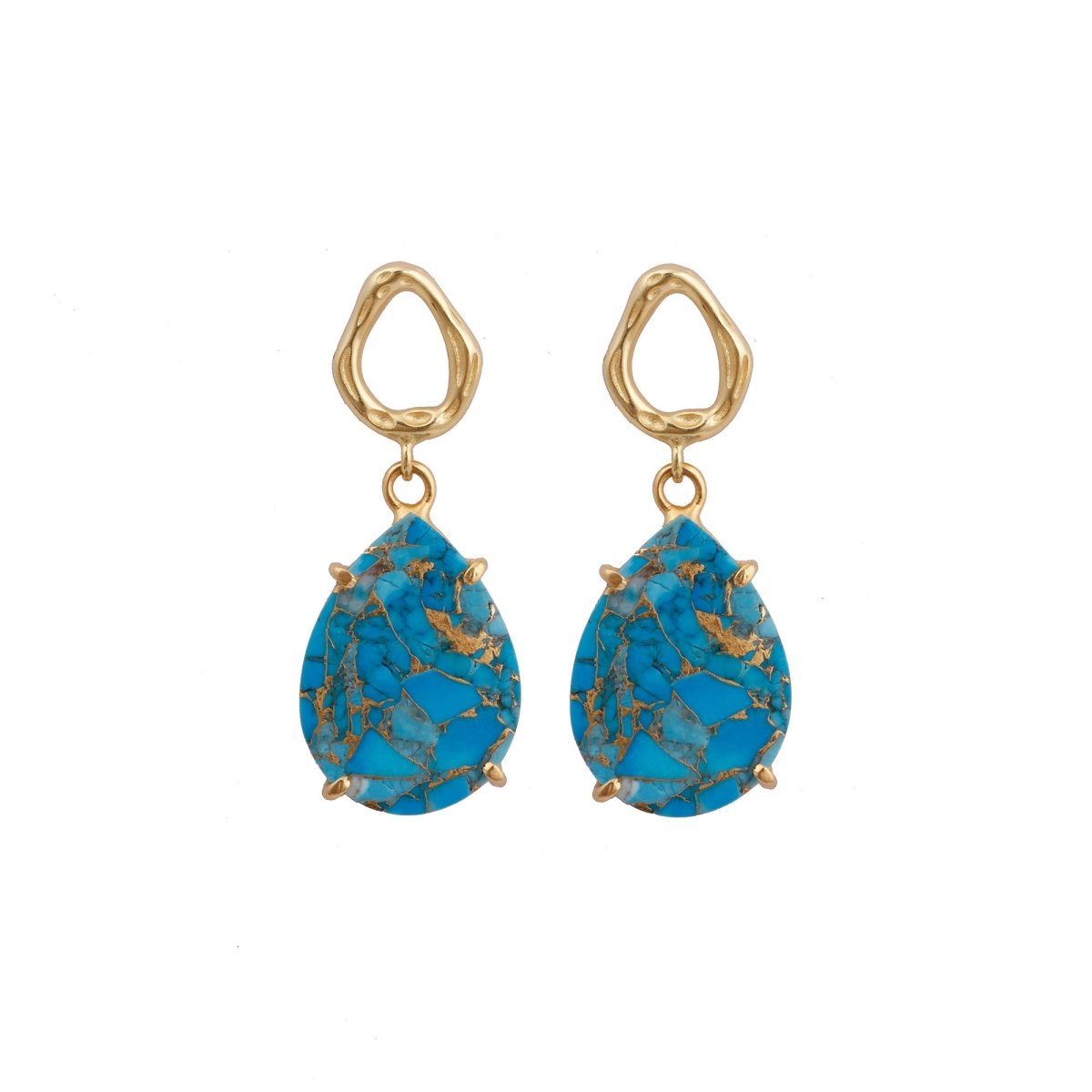Mohave Turquoise Earring Gold Plated Teardrop Hammered Prong Setting Gemstone Earring