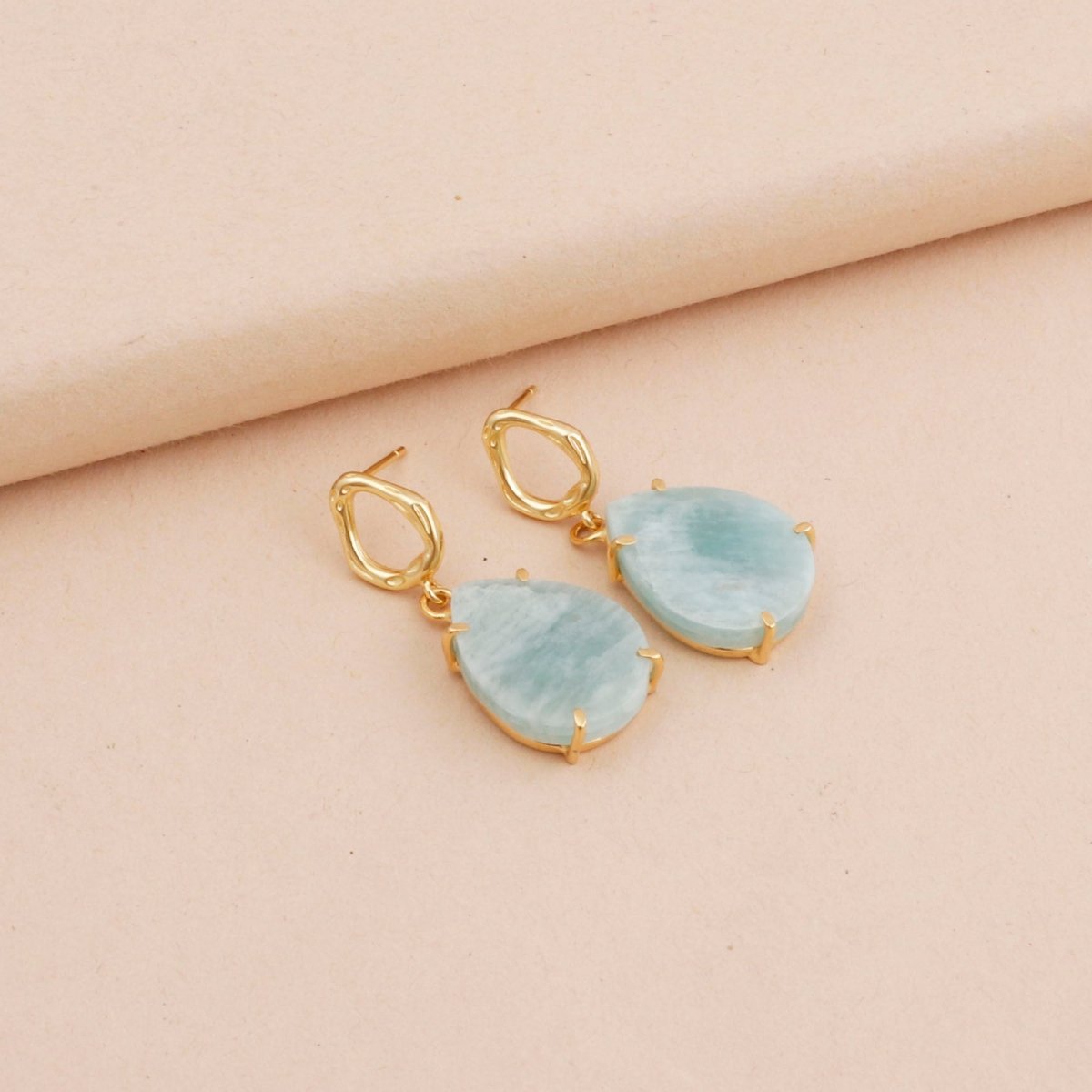 Mohave Turquoise Earring Gold Plated Teardrop Hammered Prong Setting Gemstone Earring Amazonite