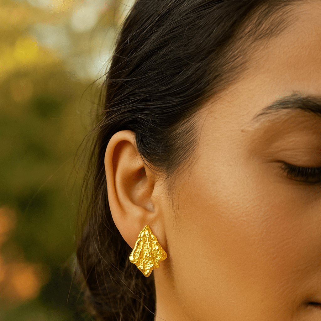 Molten Gold Plated Triangle Earrings Textured Abstract Studs