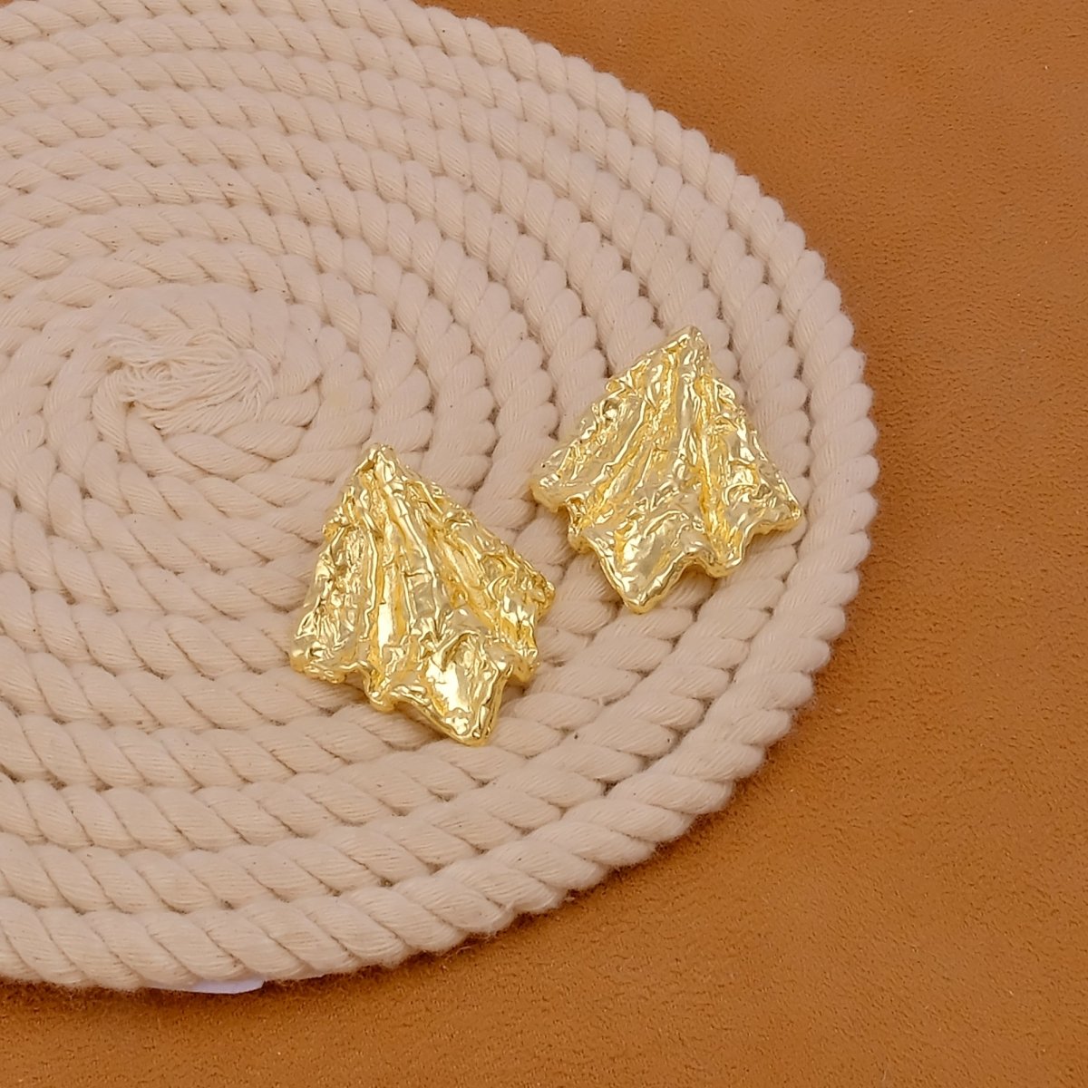 Molten Gold Plated Triangle Earrings Textured Abstract Studs