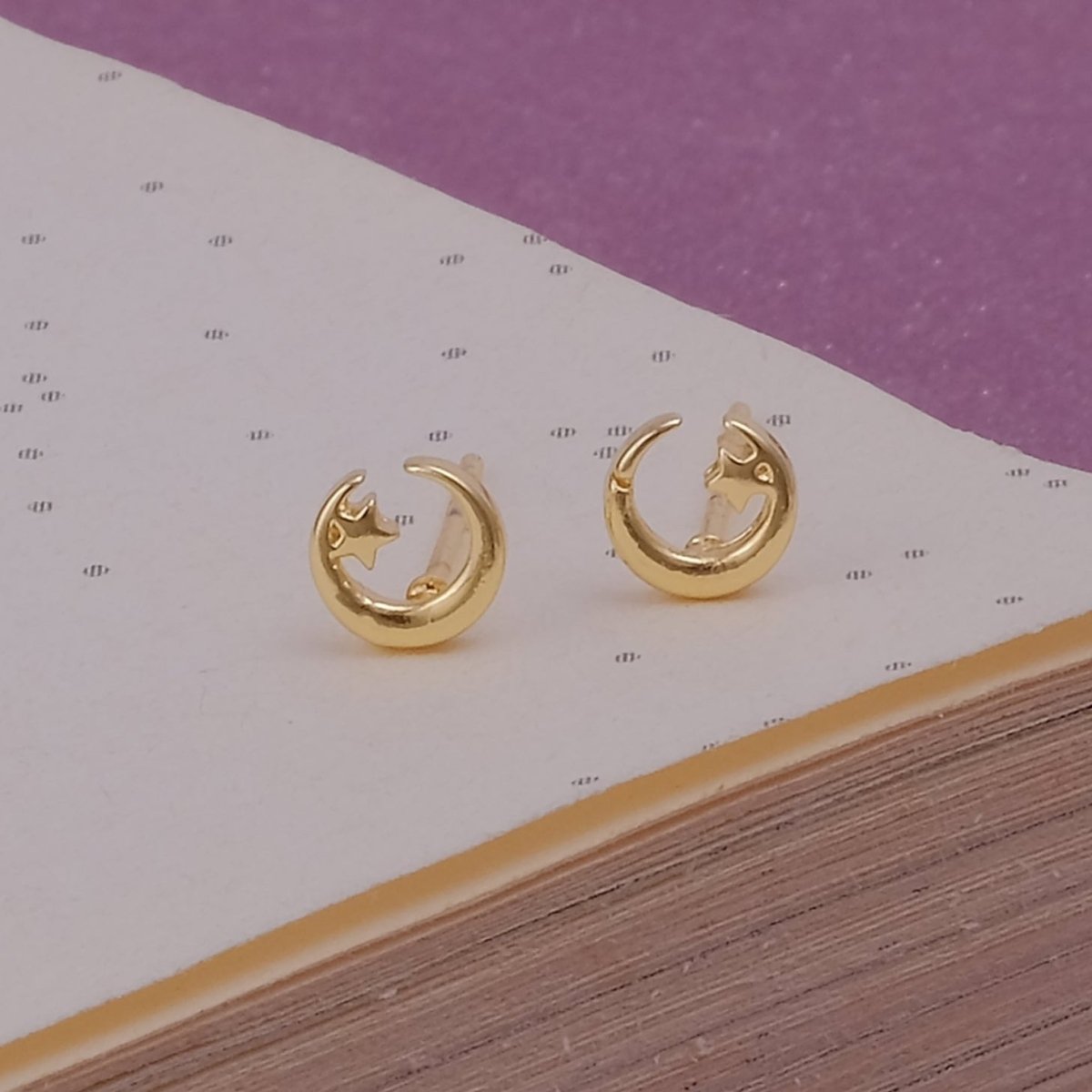 Moon and Star Stud Earrings Dainty Minimal Gold Plated Celestial Earrings
