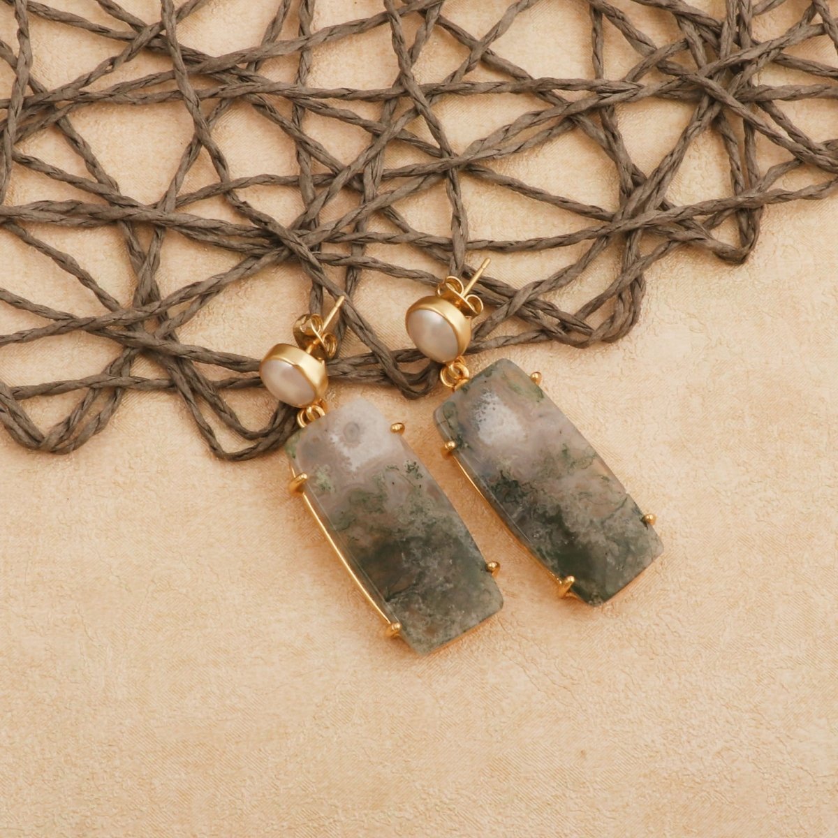 Moss Agate Dangle Earrings, Gold Plated Prong Set Jewelry 5124