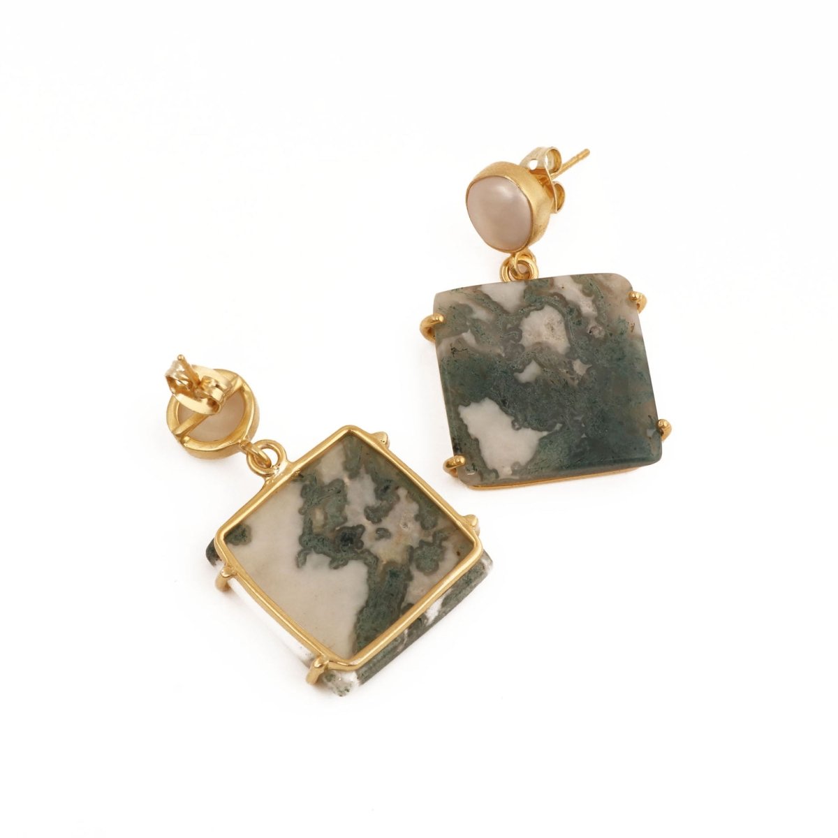Moss Agate Dangle Earrings, Gold Plated Prong Set Jewelry 5124