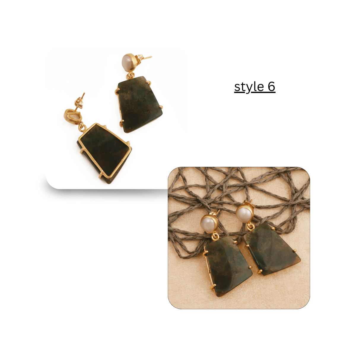 Moss Agate Dangle Earrings, Gold Plated Prong Set Jewelry 5124