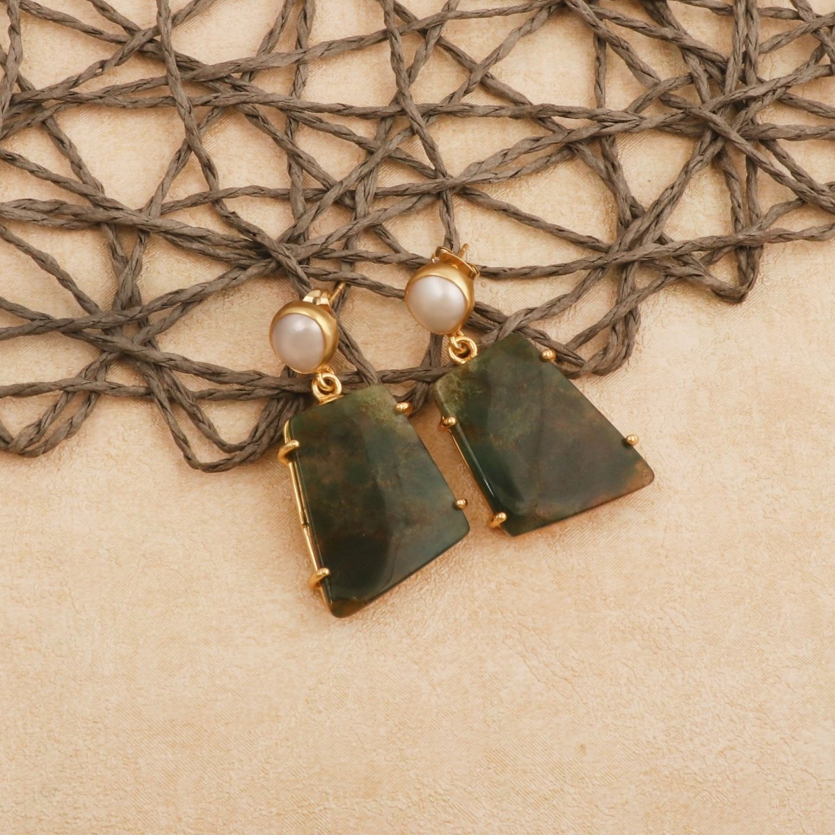 Moss Agate Dangle Earrings, Gold Plated Prong Set Jewelry 5124