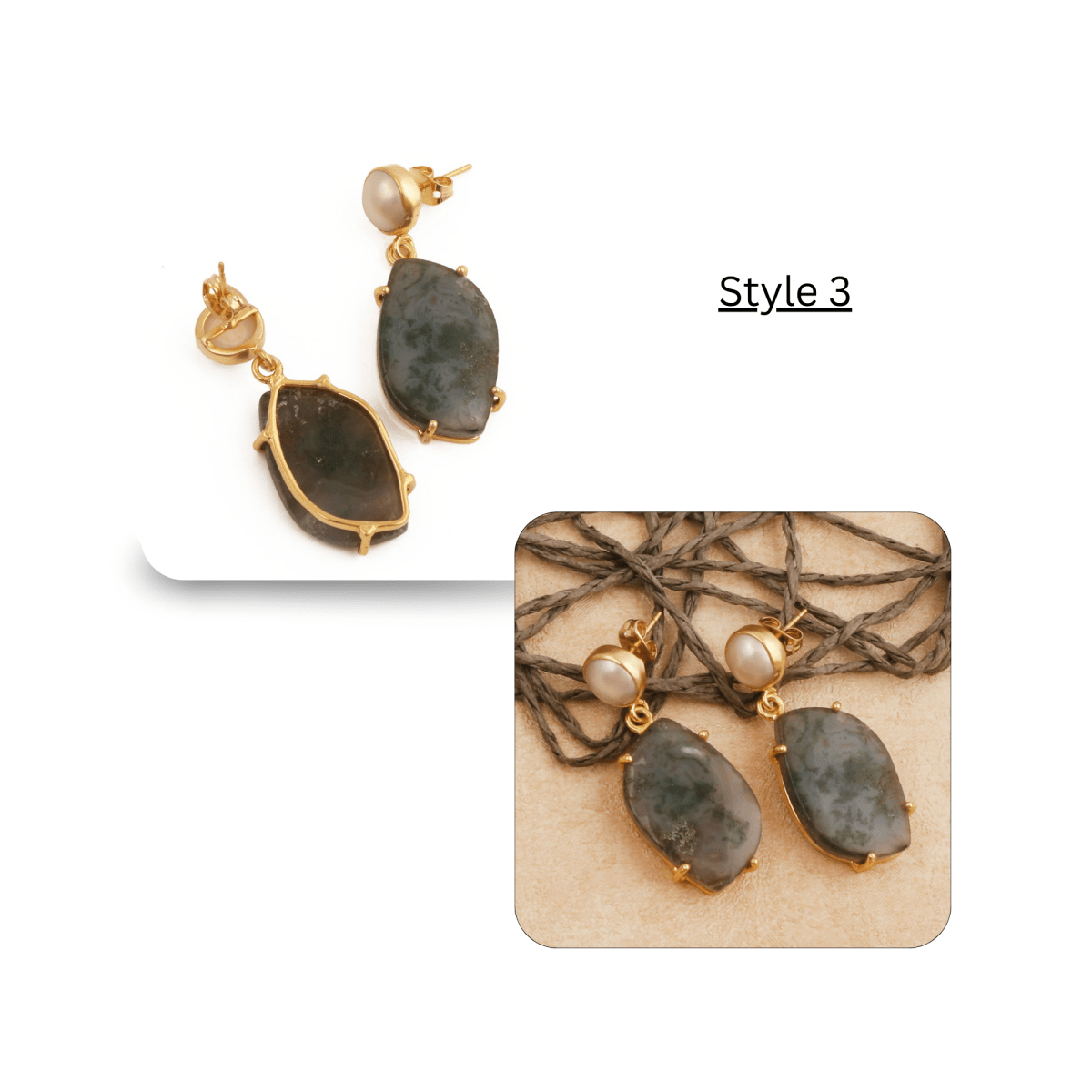 Moss Agate Dangle Earrings, Gold Plated Prong Set Jewelry 5124