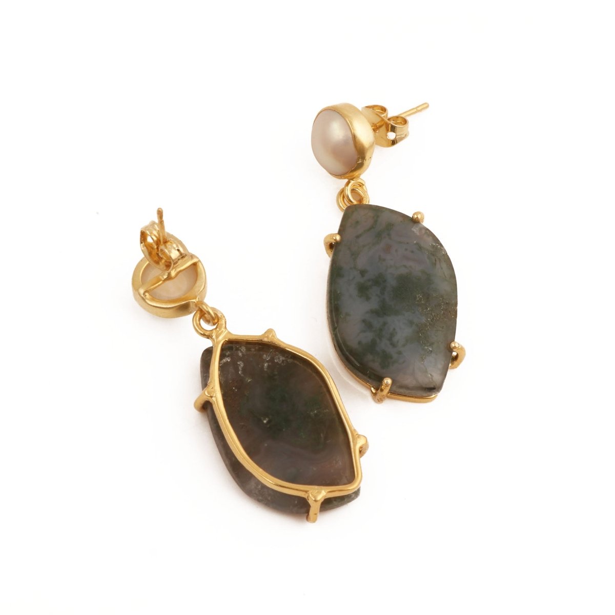 Moss Agate Dangle Earrings, Gold Plated Prong Set Jewelry 5124