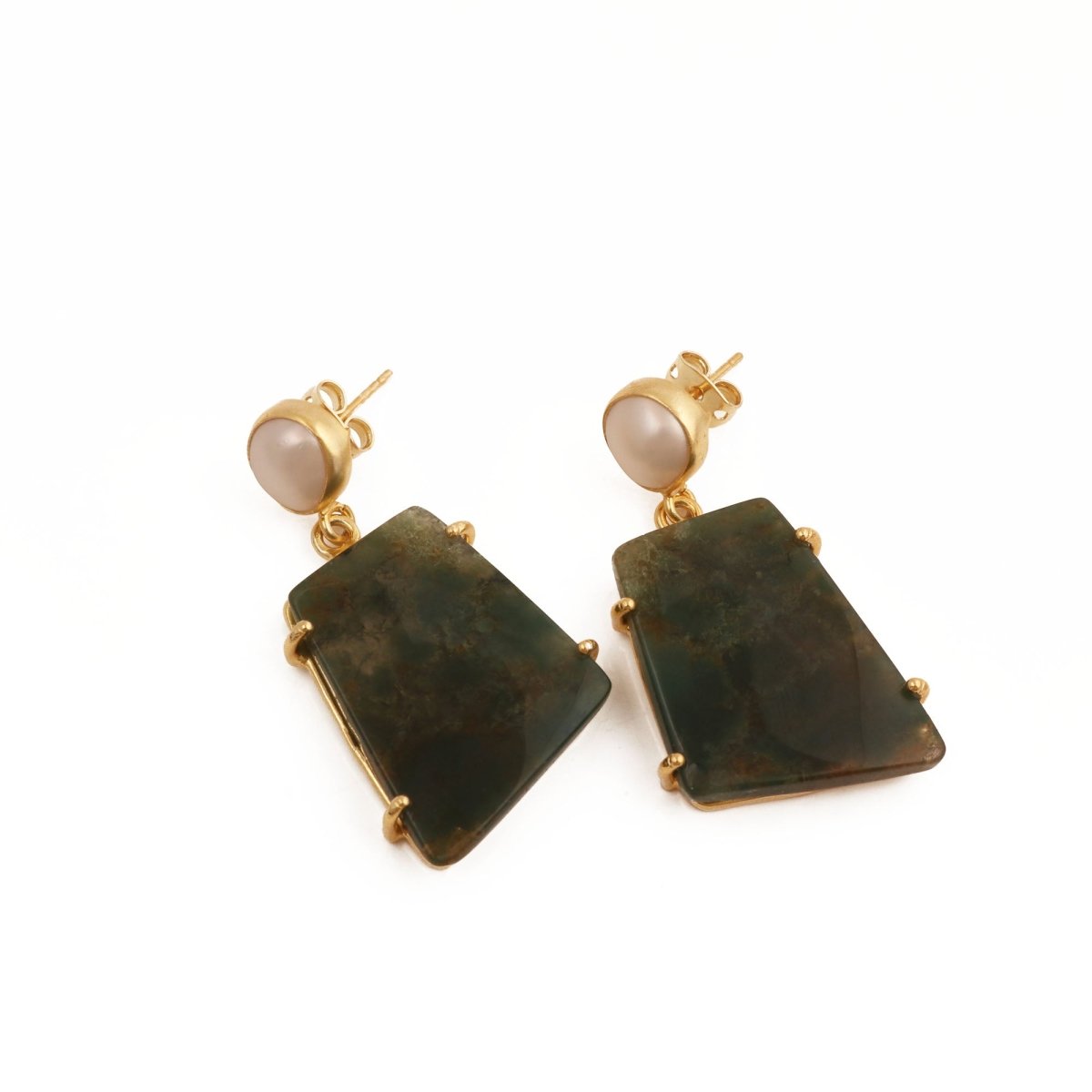 Moss Agate Dangle Earrings, Gold Plated Prong Set Jewelry 5124