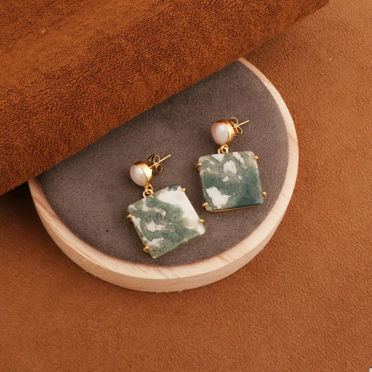 Moss Agate Dangle Earrings, Gold Plated Prong Set Jewelry 5124