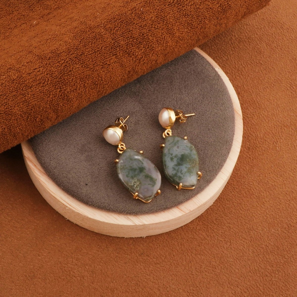 Moss Agate Dangle Earrings, Gold Plated Prong Set Jewelry 5124