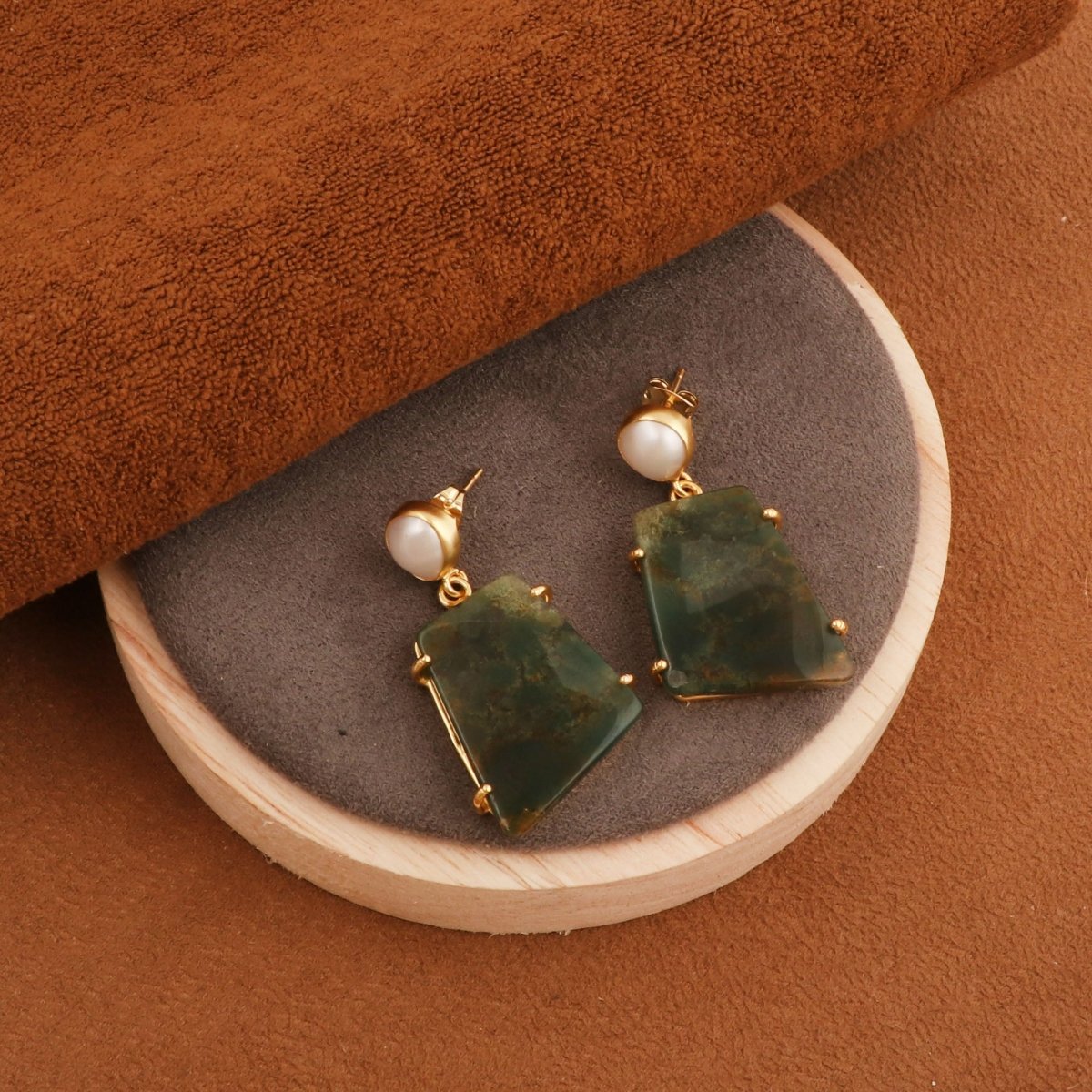 Moss Agate Dangle Earrings, Gold Plated Prong Set Jewelry 5124