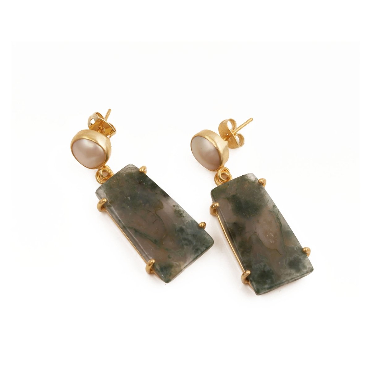 Moss Agate Dangle Earrings, Gold Plated Prong Set Jewelry 5124