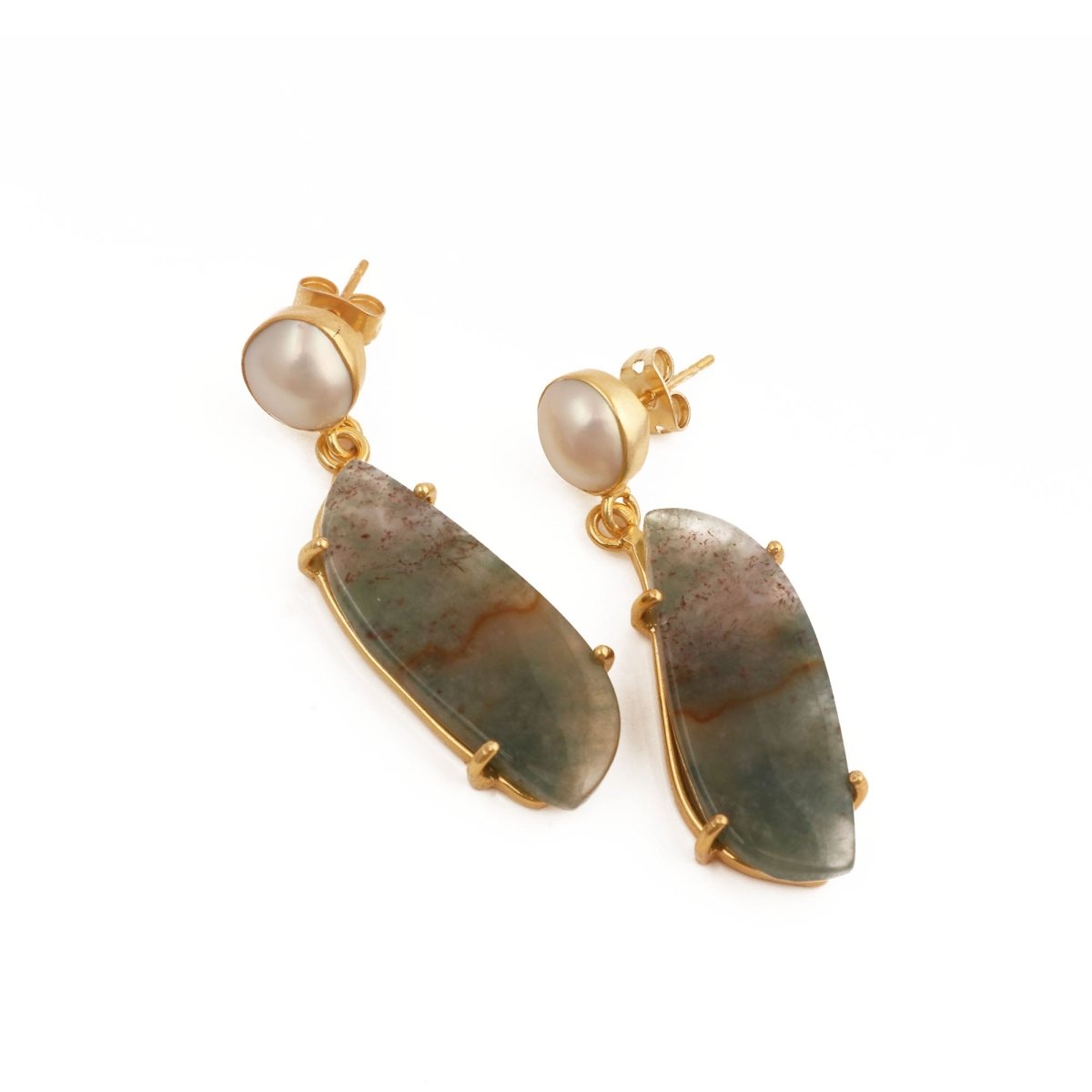 Moss Agate Dangle Earrings, Gold Plated Prong Set Jewelry 5124