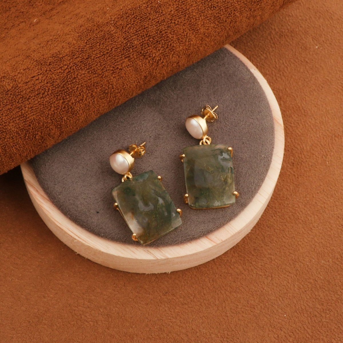 Moss Agate Dangle Earrings, Gold Plated Prong Set Jewelry 5124