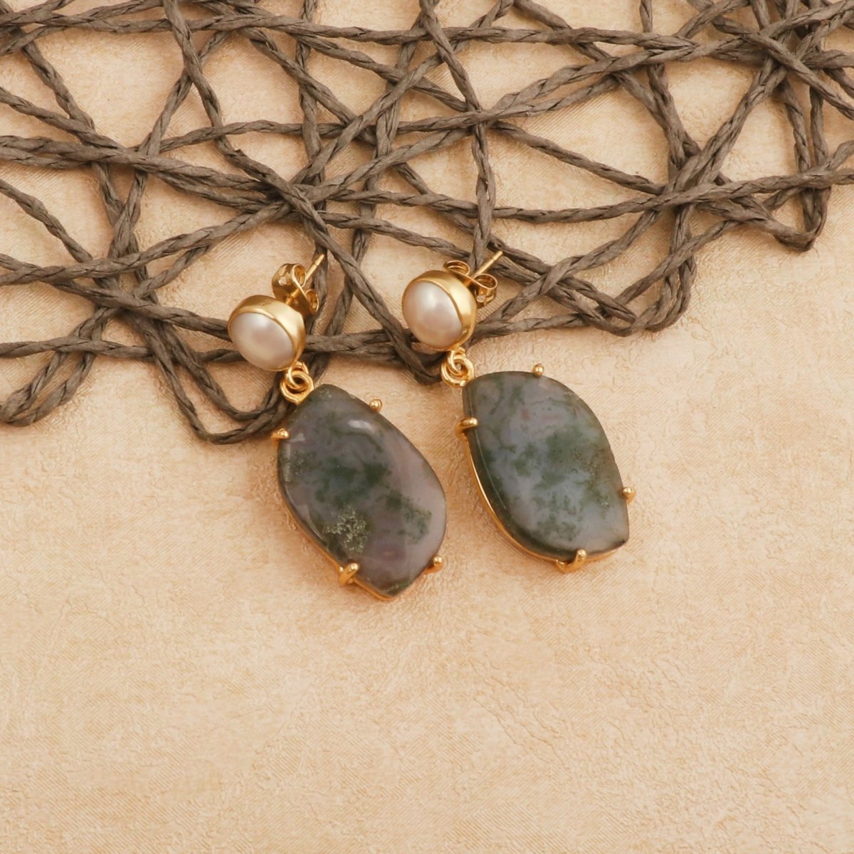 Moss Agate Dangle Earrings, Gold Plated Prong Set Jewelry 5124