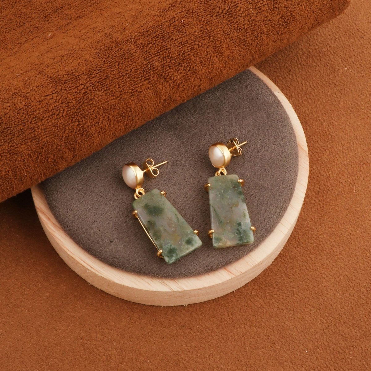 Moss Agate Dangle Earrings, Gold Plated Prong Set Jewelry 5124