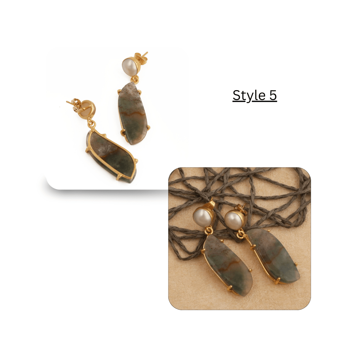 Moss Agate Dangle Earrings, Gold Plated Prong Set Jewelry 5124