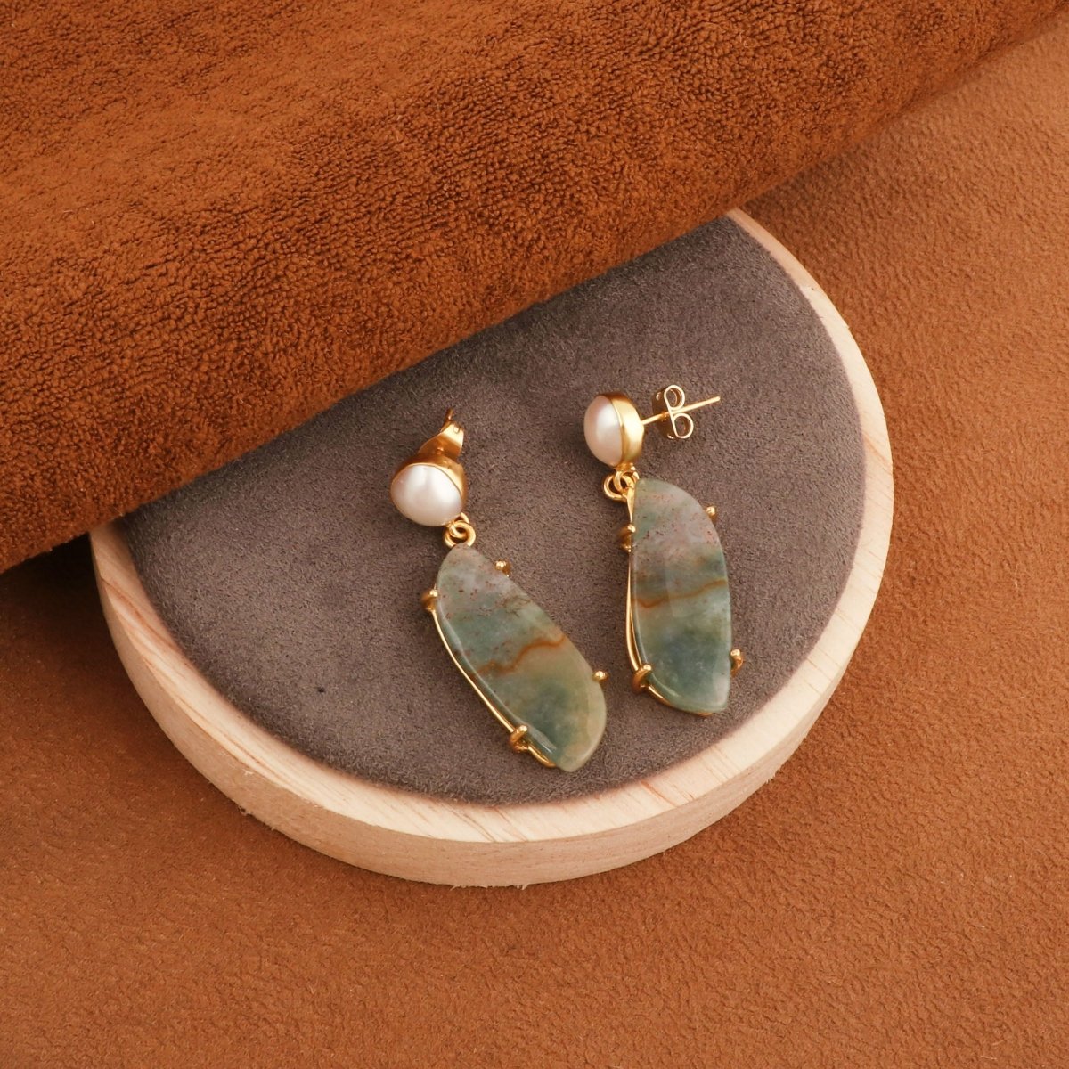 Moss Agate Dangle Earrings, Gold Plated Prong Set Jewelry 5124