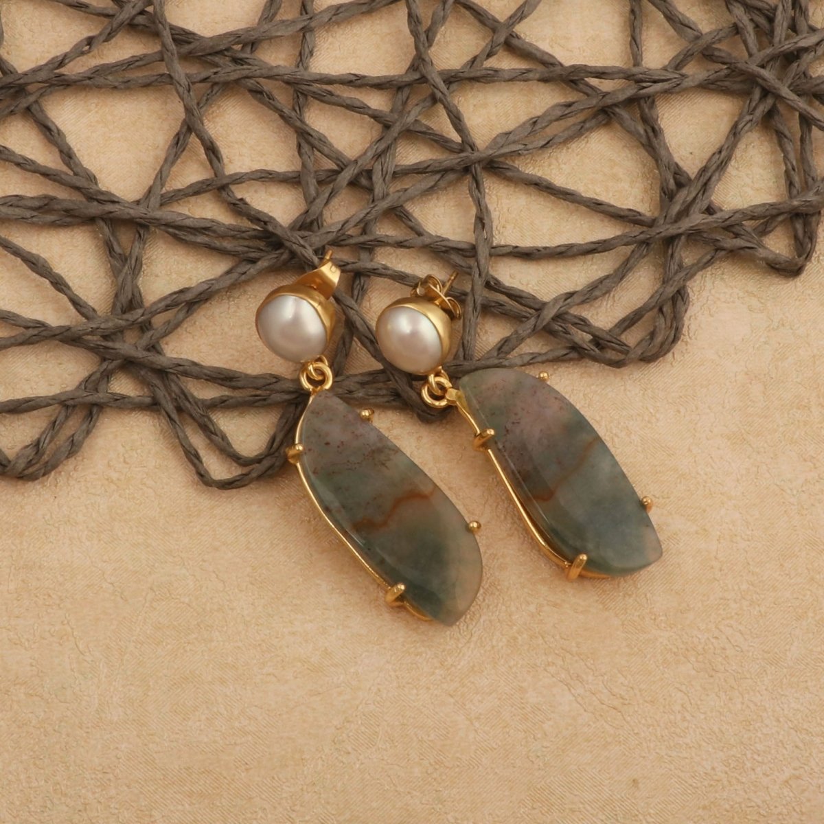 Moss Agate Dangle Earrings, Gold Plated Prong Set Jewelry 5124