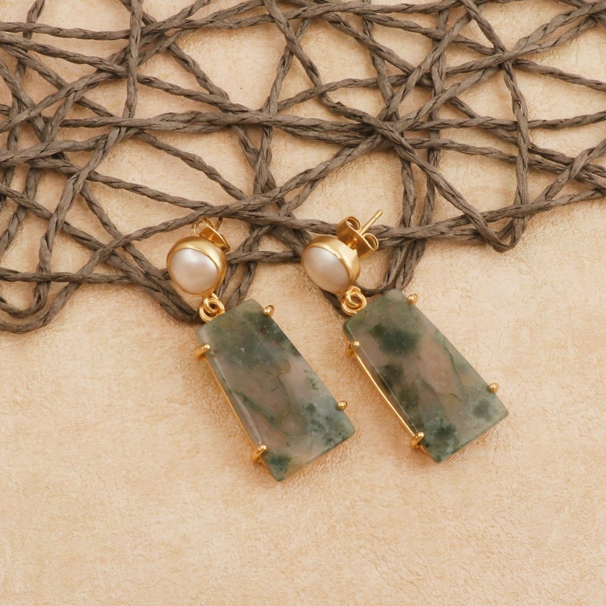 Moss Agate Dangle Earrings, Gold Plated Prong Set Jewelry 5124