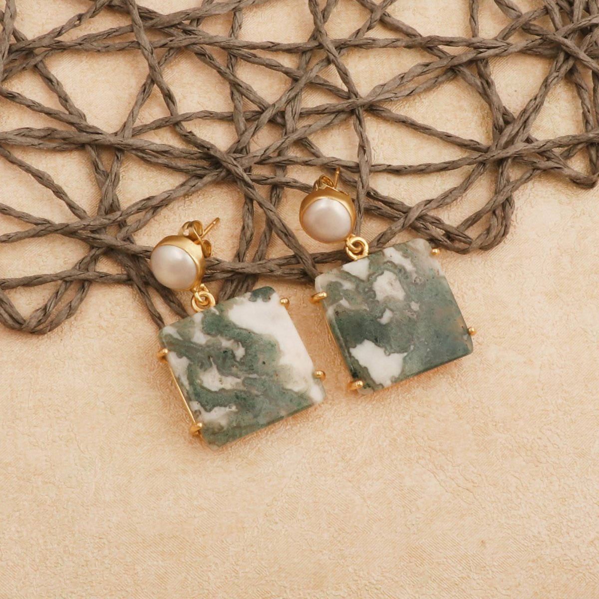 Moss Agate Dangle Earrings, Gold Plated Prong Set Jewelry 5124
