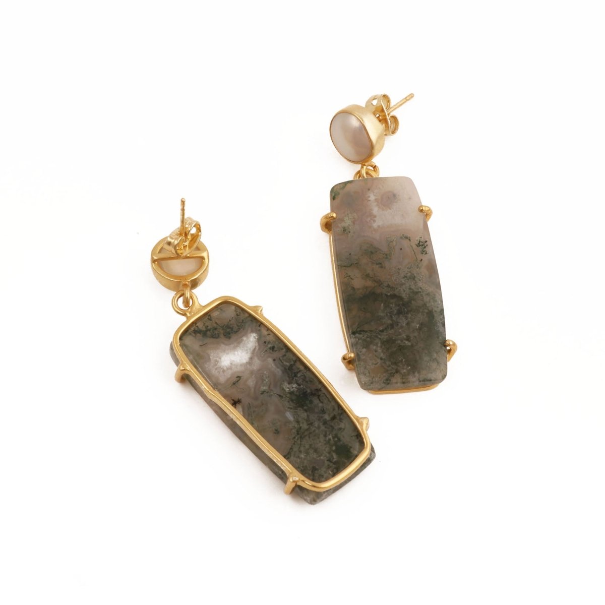 Moss Agate Dangle Earrings, Gold Plated Prong Set Jewelry 5124