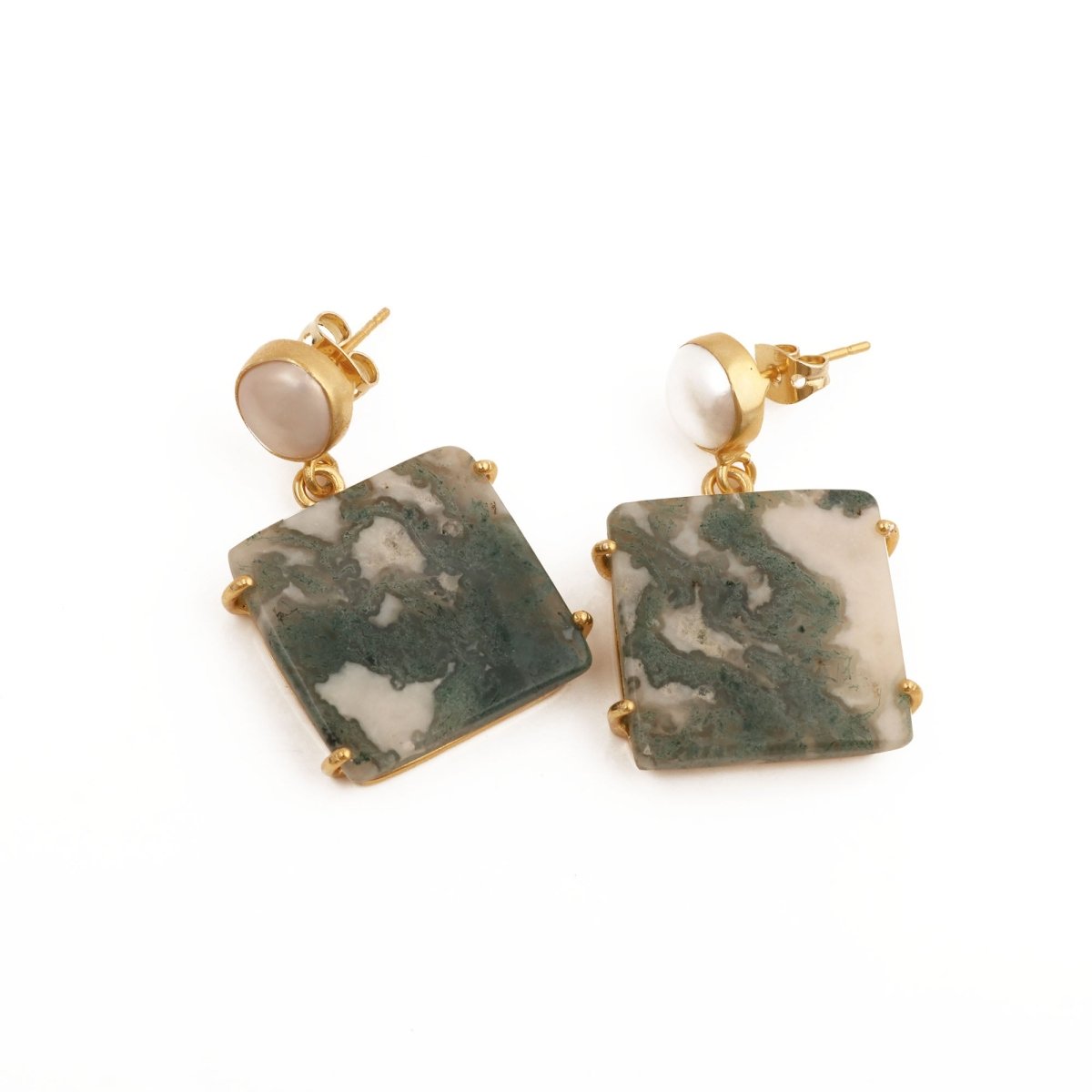 Moss Agate Dangle Earrings, Gold Plated Prong Set Jewelry 5124